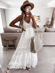 Crochet Lace White Summer Dress for Women Tassel Hollow Out Maxi Long Beach Casual Sundress Boho Smocking Vestidos voguable