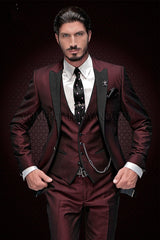 Voguable  2022 New Arrival Peak Black Lapel Groom Tuxedos Burgundy Men Suits Wedding 3 Pieces(Jacket+Pant+Vest+Tie)traje de novio par voguable