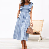 Voguable Vintage striped women dresses long dress Ruffle sleeve linen elegant dresses Casual ruched fashion female vestidos 2019 voguable