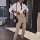 Voguable Autumn winter fashion high wasit pants women Solid pocket ankle-lenght trousers Casual straight long pants female voguable