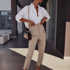 Voguable Autumn winter fashion high wasit pants women Solid pocket ankle-lenght trousers Casual straight long pants female voguable