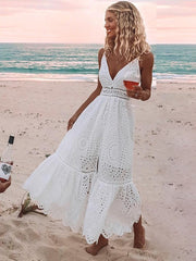 Voguable White pearls sexy women summer dress 2022 Hollow out embroidery maxi cotton dresses Evening party long ladies vestidos voguable