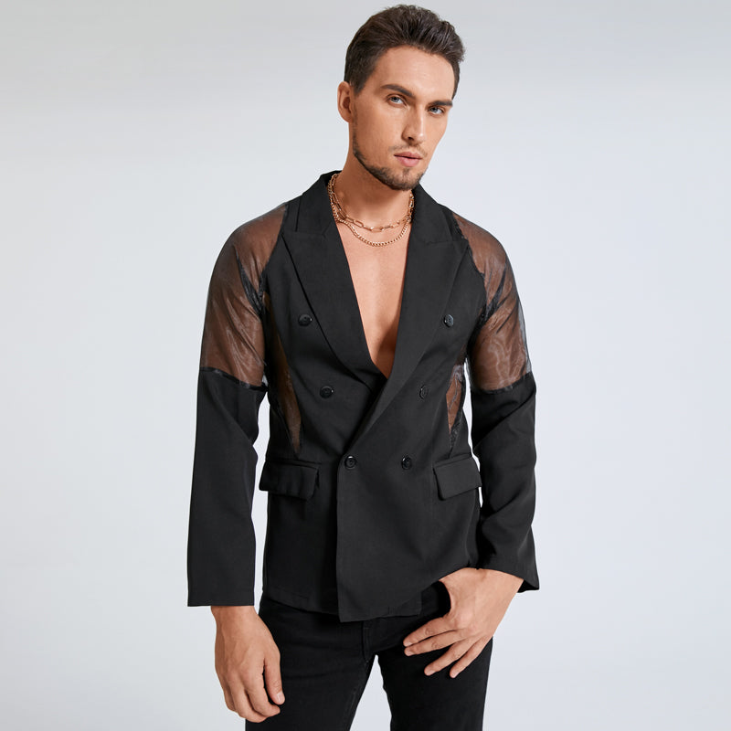 Voguable Men Blazer Mesh Patchwork See Through Streetwear Double Breasted Lapel Long Sleeve Outerwear Fashion Men Casual Suits INCERUN voguable