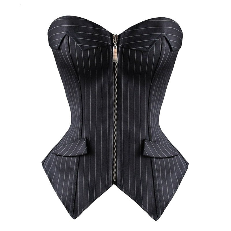 Sapubonva Sexy Black Striped Overbust Corset Office Lady Corselet Sexy Women Zip Corset Bustier Strapless Tops Costume Fashion voguable