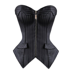 Sapubonva Sexy Black Striped Overbust Corset Office Lady Corselet Sexy Women Zip Corset Bustier Strapless Tops Costume Fashion voguable