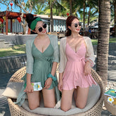 Women's 2020 Summer Bathing Suit Push Up One Piece Swimsuit Belt Solid Korea Swimwear Swimsuit Women with Skirt Swim Suit Dress voguable