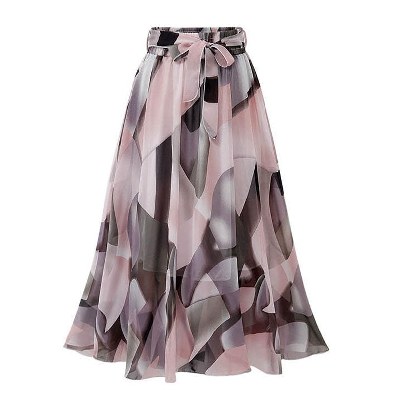 Vintage floral print chiffon skirts women Sprint Summer korean A line Pink streetwear high waist ladies midi skirt voguable