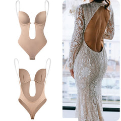 Bodysuit Shapewear Deep V-Neck Body Shaper Backless U Plunge Thong Shapers Waist Trainer Women Clear Strap Padded Push Up Corset voguable