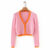 Pink cardigan womens sweaters korean crop sweater yellow autumn tops short sleeve v neck short cardigan mohair sweater fall 2021 voguable