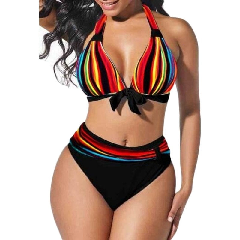 Voguable S-5XL Plus Size Neon Striped Bikini Set Push Up Women High Waist Halter Beach Swimwear Retro Bowknot Bathing Suit Swimming Suit voguable
