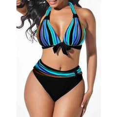 Voguable S-5XL Plus Size Neon Striped Bikini Set Push Up Women High Waist Halter Beach Swimwear Retro Bowknot Bathing Suit Swimming Suit voguable