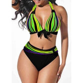 Voguable S-5XL Plus Size Neon Striped Bikini Set Push Up Women High Waist Halter Beach Swimwear Retro Bowknot Bathing Suit Swimming Suit voguable