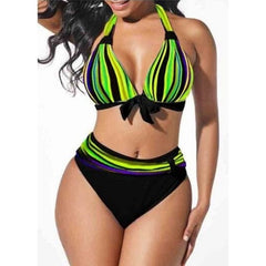 Voguable S-5XL Plus Size Neon Striped Bikini Set Push Up Women High Waist Halter Beach Swimwear Retro Bowknot Bathing Suit Swimming Suit voguable