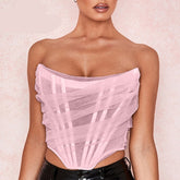 NewAsia Boning Mesh Corset Tops Women Slash Neck Backless Ruched Sexy Summer Crop Top Pink Strapless Tank Top Lavender Cropped voguable