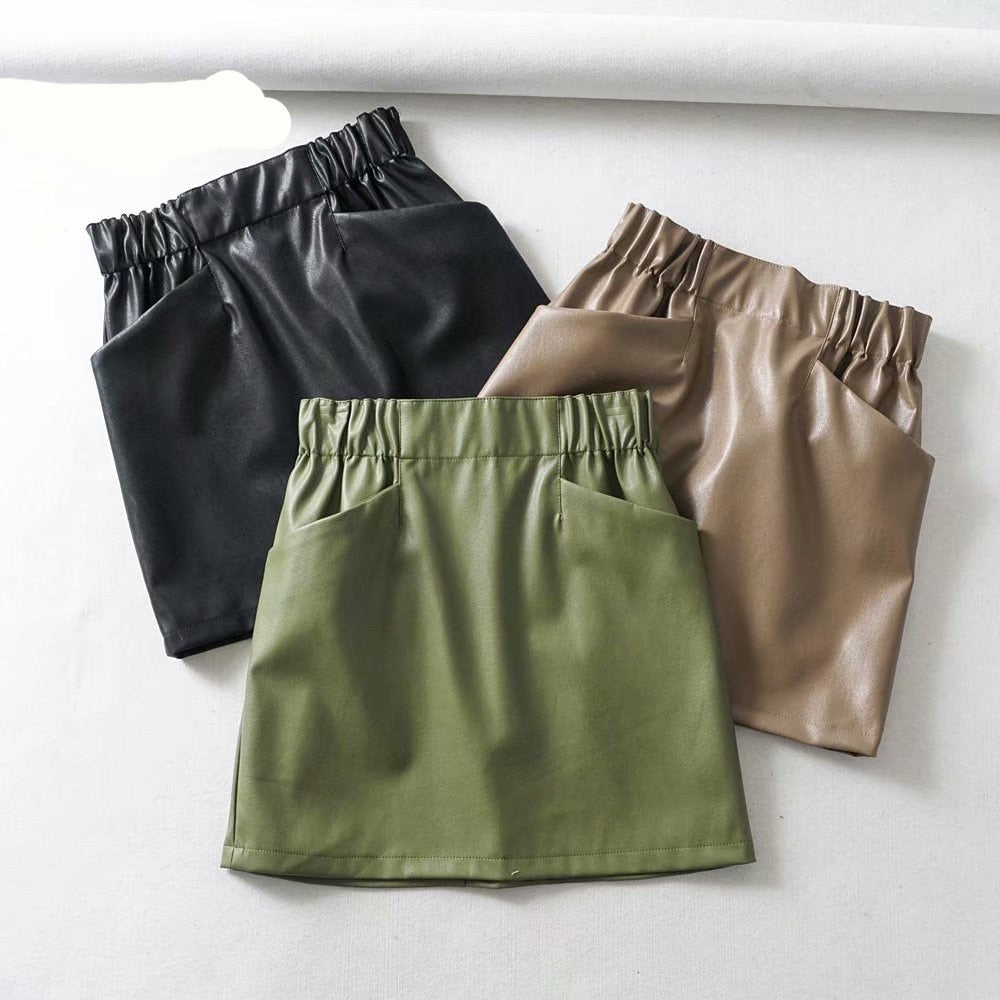 Women Skirts Above Knee Mini Women's double pocket elastic waist PU Faux leather skirt Jupe Femme Faldas Mujer voguable