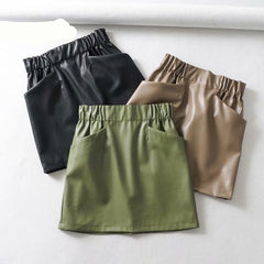 Women Skirts Above Knee Mini Women's double pocket elastic waist PU Faux leather skirt Jupe Femme Faldas Mujer voguable