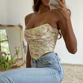 Voguable Boned Floral Crop Top Women Ruched Off Shoulder Sexy Corset Vintage Sweet Print Tops Summer Backless Bustier New voguable
