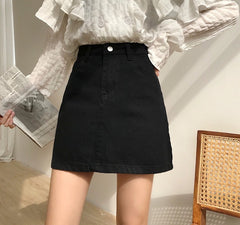Voguable Denim Skirts Womens Summer Solid White Black Basic High Waist Short Skirt Femme A-line Women Elegant Students School Sundress voguable