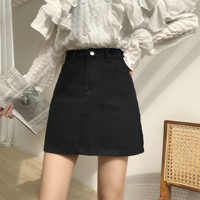 Voguable Denim Skirts Womens Summer Solid White Black Basic High Waist Short Skirt Femme A-line Women Elegant Students School Sundress voguable