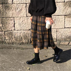 Voguable Vintage Wool Pleated Plaid Skirt Women High Waist Plus Size Long Skirt 2021 Autumn Winter Harajuku Female Party Skirt Streetwear voguable