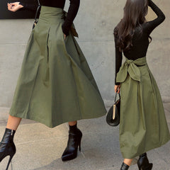 shintimes Skirts Womens Korean Fashion Solid Color Big Swing Ladies Skirt Long Skirt 2020 Autumn Wild High Waist Bow Slim Skirts voguable