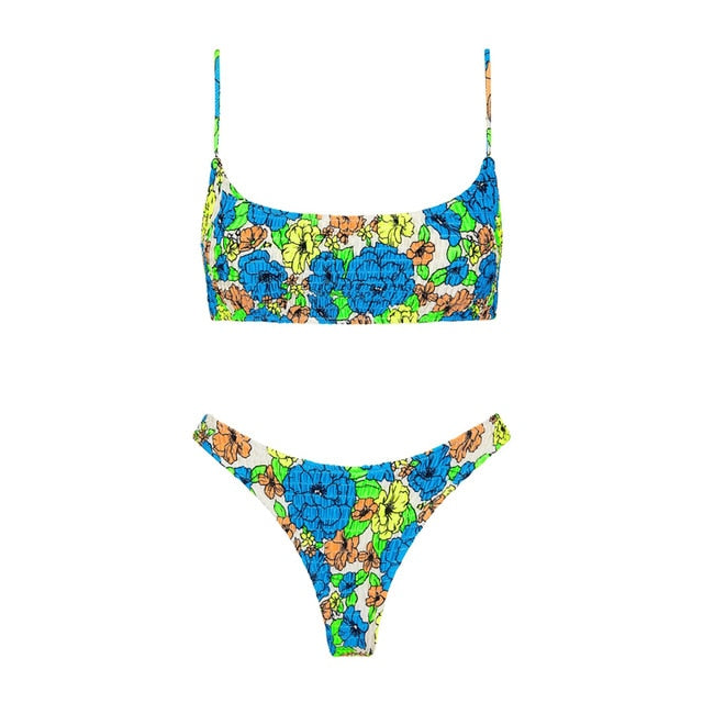Sexy Bandeau Push Up Bikini Set Spaghetti Strap Two Piece Swimsuit Ruched Bikinis Women Swimwear Floral Bathing Suit Beach Wear voguable