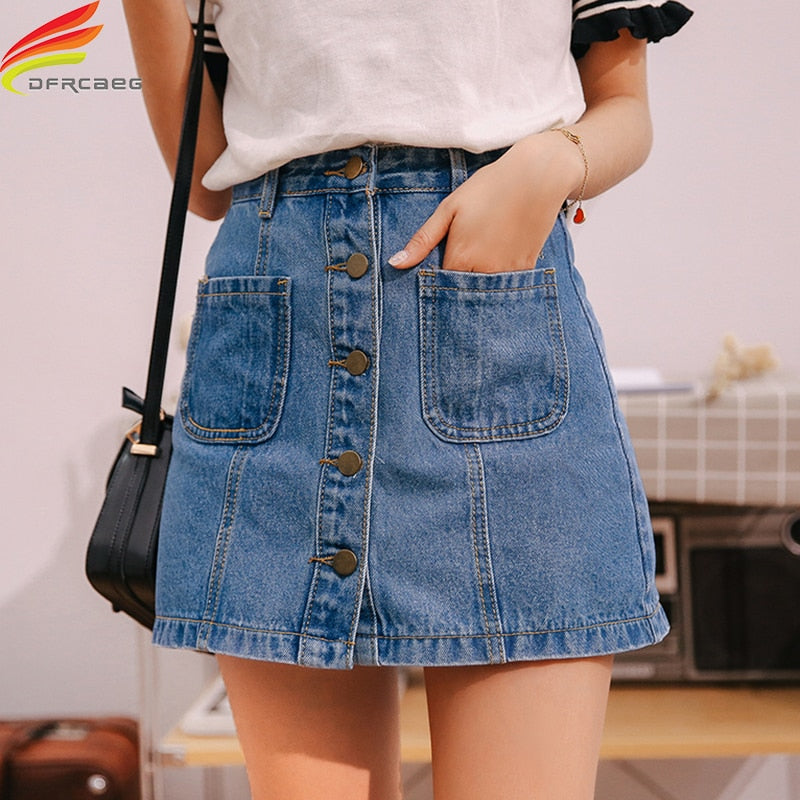 Denim Skirt High Waist A-line Mini Skirts Women 2022 Summer New Arrivals Single Button Pockets Blue Jean Skirt Style Saia Jeans voguable
