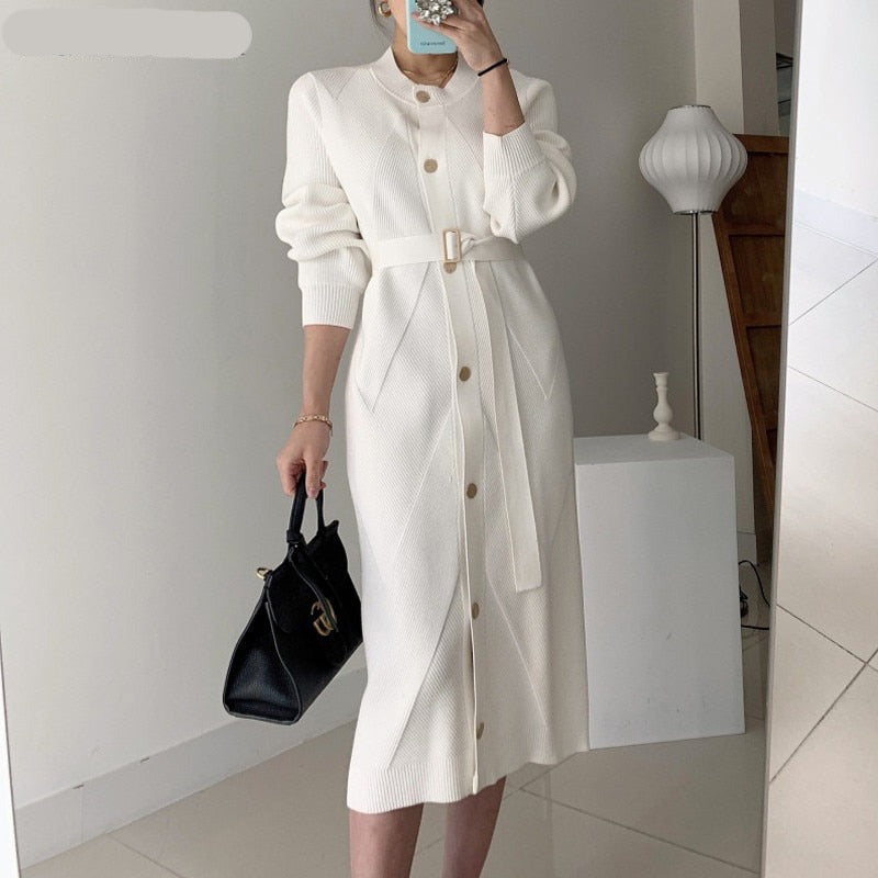 Voguable Elegant O-neck Single-breasted Women Solid Sweater Dress OL Style Long Sleeve Belted Knitted Mid-length Dress Female voguable