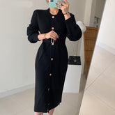 Voguable Elegant O-neck Single-breasted Women Solid Sweater Dress OL Style Long Sleeve Belted Knitted Mid-length Dress Female voguable