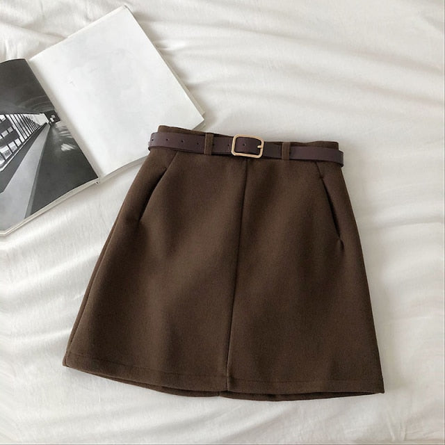 Voguable England Solid Women Belt Skirt winter fashion High Waist A-line pocket Skirt Females Mini Office ladies 5 color casual Skirts voguable