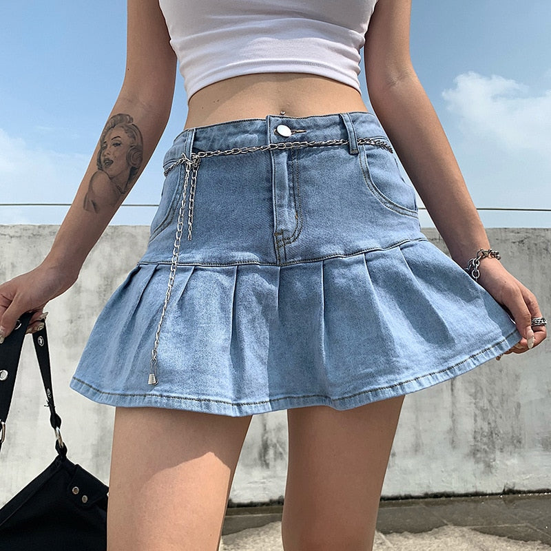 y2k Pink Denim Pleated Skirts Mini Solid Casual Woman Fashion Korean Style High Waist Skirt with Lined Hot Club Party Girls 2020 voguable