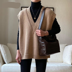 Voguable V Neck Knitted Vest Sweater Sleeveless Women Khaki Casual Pullover Black 2021 Autumn Winter Gray Jumper Fashion voguable