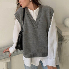 Voguable V Neck Knitted Vest Sweater Sleeveless Women Khaki Casual Pullover Black 2021 Autumn Winter Gray Jumper Fashion voguable