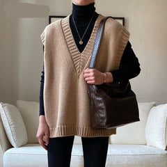 Voguable V Neck Knitted Vest Sweater Sleeveless Women Khaki Casual Pullover Black 2021 Autumn Winter Gray Jumper Fashion voguable