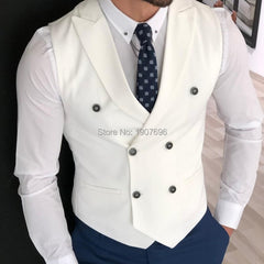 Voguable White Slim Fit Men Vest with Double Breasted One Piece Custom Male Suit Wasitcoat Peaked Lapel Wedding Gromsmen Waist Coat New voguable