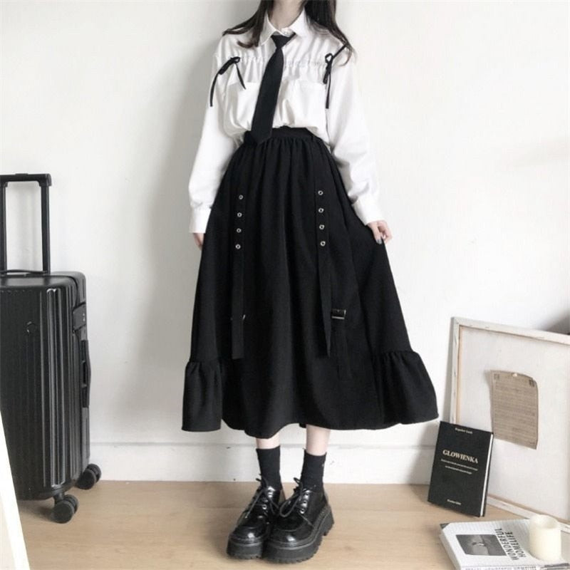 Autumn Women Skirts high waist student Korean Style Dark vintage Ruffle Long A-line skirts women fashion 2022 voguable