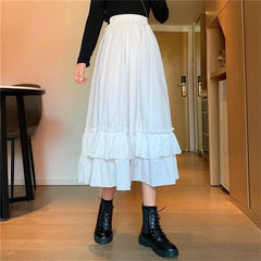 Autumn Women Skirts high waist student Korean Style Dark vintage Ruffle Long A-line skirts women fashion 2022 voguable