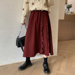 Autumn Women Skirts high waist student Korean Style Dark vintage Ruffle Long A-line skirts women fashion 2022 voguable