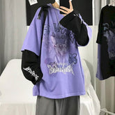Voguable Autumn high street diablo long-sleeved men's fake two-piece t-shirt male students Korean loose clothes trendy men's clothing voguable
