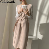 Voguable Colorfaith New 2022 Winter Spring Women Dresses Sashes Solid Split Straight Knitting Warm Sweater Elegant Office Ladies DR7199 voguable