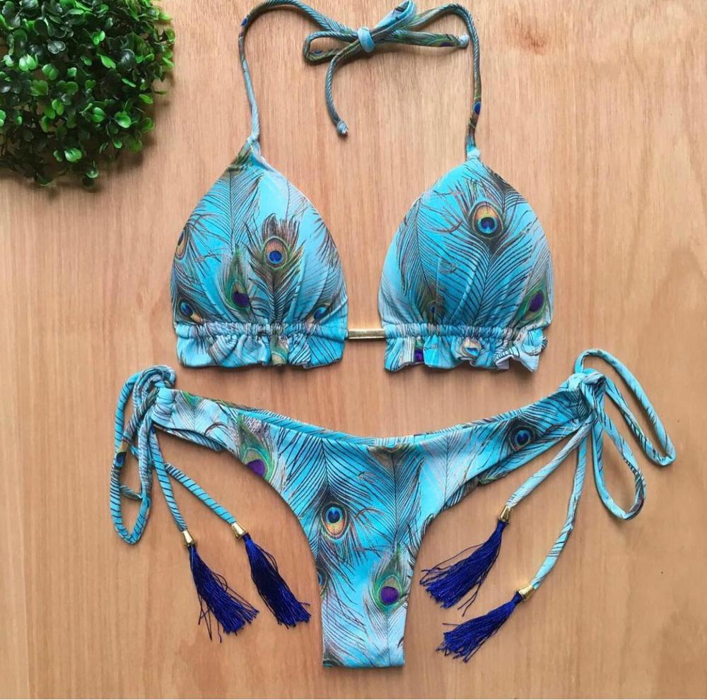 Sexy brazilian bikini set 2020 Feather print swimsuit women Bandeau swimwear female Hollow out bathing suit Micro 2 piece suit voguable