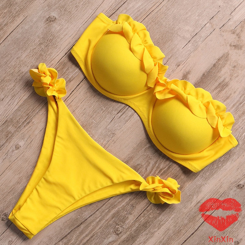 Voguable Bandeau Bikini Swimwear Women Swimsuit Sexy Thong Ruffle Bikini Set Push Up Bathing Suit Female Brazilian Leopard Swimsuit 2021 voguable