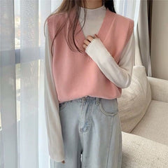Sweater Vest Women Solid Autumn Winter All-match Leisure Outerwear Knitted V-Neck Sleeveless Female Elegant Chic Simple Harajuku voguable