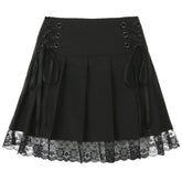 Darlingaga Harajuku Gothic Dark Academia Lace Trim Pleated Skirt Vintage Y2K Tie Up High Waist Skirt Mini Woman Goth Skirts 90s voguable