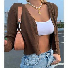 Rockmore Sweater Knitwear Women Autumn Y2K Long Sleeve V Neck Knitted Cardigans Harajuku Korean Brown Crop Tops Solid Outwear voguable
