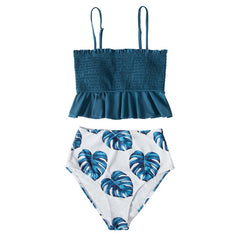 CUPSHE Smocked Blue Leaves Print Bikini Sets Women Ruffle High-waist Tankini Two Pieces Swimsuits 2021 Girl Boho Bathing Suits voguable