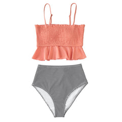 CUPSHE Smocked Blue Leaves Print Bikini Sets Women Ruffle High-waist Tankini Two Pieces Swimsuits 2021 Girl Boho Bathing Suits voguable