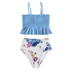 CUPSHE Smocked Blue Leaves Print Bikini Sets Women Ruffle High-waist Tankini Two Pieces Swimsuits 2021 Girl Boho Bathing Suits voguable
