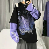 Voguable Autumn High Street Diablo Long-sleeved Men's Fake Two-piece T-shirt Male Students Korean Loose Clothes Trendy Men's Clothing voguable