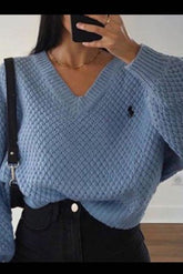 Voguable 2022 Pullovers Women Autumn Winter Sweaters Solid V-Neck Loose Casual Daily Basic Womens Knitted Turtleneck Long Sleeve Sweater voguable